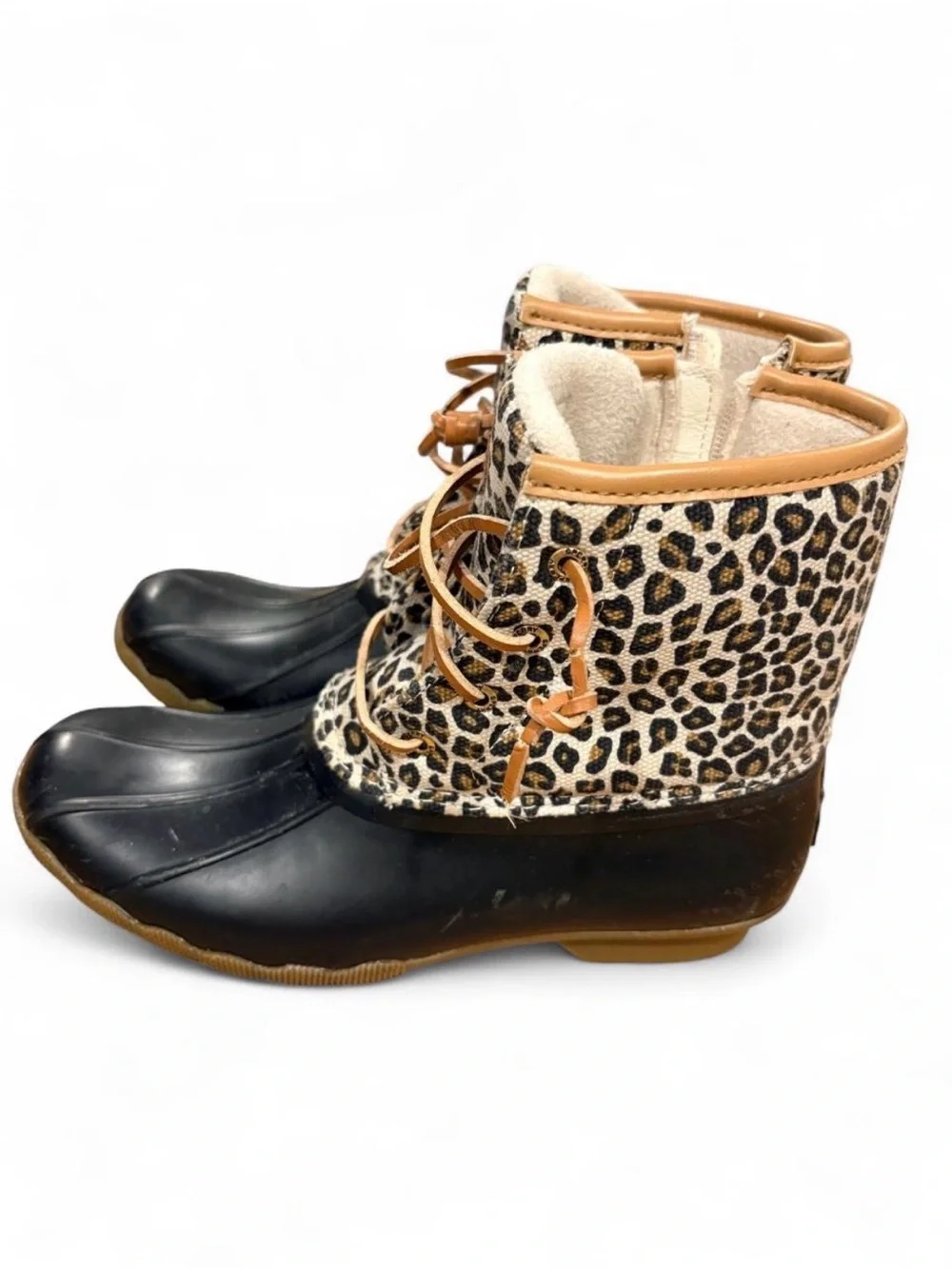 Sperry Leopard Print Winter Duck Boots with Black Rubber Lower Size 5